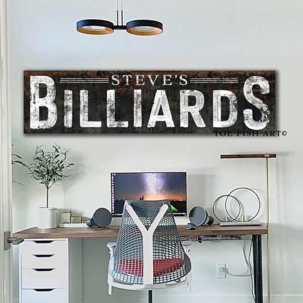 Personalized Billiards Sign handmade by ToeFishArt. Original, custom, personalized wall decor signs. Canvas, Wood or Metal. Rustic modern farmhouse, cottagecore, vintage, retro, industrial, Americana, primitive, country, coastal, minimalist.