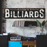 Personalized Billiards Sign handmade by ToeFishArt. Original, custom, personalized wall decor signs. Canvas, Wood or Metal. Rustic modern farmhouse, cottagecore, vintage, retro, industrial, Americana, primitive, country, coastal, minimalist.