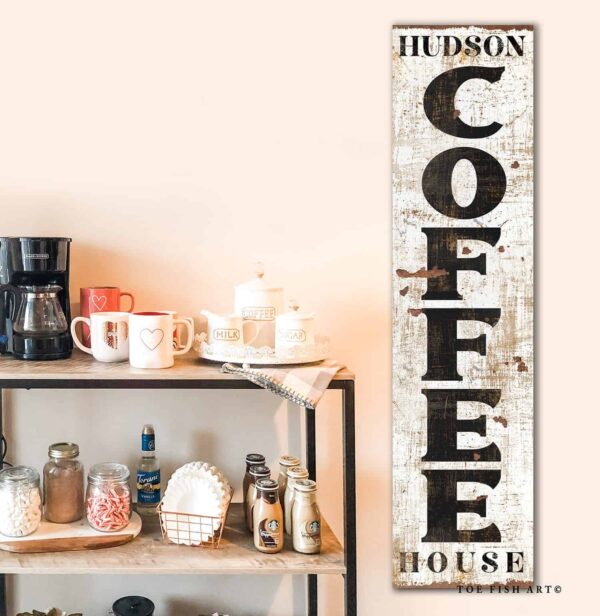 Personalized Coffee House Sign handmade by ToeFishArt. Original, custom, personalized wall decor signs. Canvas, Wood or Metal. Rustic modern farmhouse, cottagecore, vintage, retro, industrial, Americana, primitive, country, coastal, minimalist.