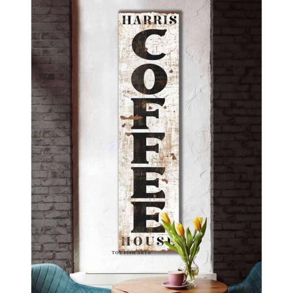 Personalized Coffee House Sign handmade by ToeFishArt. Original, custom, personalized wall decor signs. Canvas, Wood or Metal. Rustic modern farmhouse, cottagecore, vintage, retro, industrial, Americana, primitive, country, coastal, minimalist.