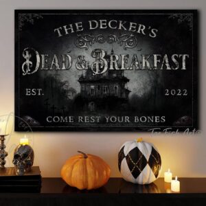 Personalized Dead & Breakfast Sign with Spooky Haunted House handmade by ToeFishArt. Original, custom, personalized wall decor signs. Canvas, Wood or Metal. Rustic modern farmhouse, cottagecore, vintage, retro, industrial, Americana, primitive, country, coastal, minimalist.