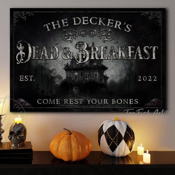 Personalized Dead & Breakfast Sign with Spooky Haunted House handmade by ToeFishArt. Original, custom, personalized wall decor signs. Canvas, Wood or Metal. Rustic modern farmhouse, cottagecore, vintage, retro, industrial, Americana, primitive, country, coastal, minimalist.