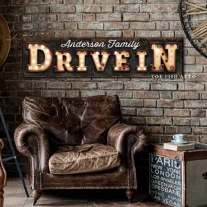 Personalized Drive In "Marquee"-Style Sign Family Name handmade by ToeFishArt. Original, custom, personalized wall decor signs. Canvas, Wood or Metal. Rustic modern farmhouse, cottagecore, vintage, retro, industrial, Americana, primitive, country, coastal, minimalist.