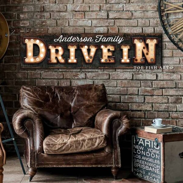 Personalized Drive In "Marquee"-Style Sign Family Name handmade by ToeFishArt. Original, custom, personalized wall decor signs. Canvas, Wood or Metal. Rustic modern farmhouse, cottagecore, vintage, retro, industrial, Americana, primitive, country, coastal, minimalist.