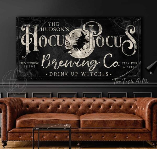 Personalized Hocus Pocus Brewing Co. Sign handmade by ToeFishArt. Original, custom, personalized wall decor signs. Canvas, Wood or Metal. Rustic modern farmhouse, cottagecore, vintage, retro, industrial, Americana, primitive, country, coastal, minimalist.