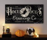 Personalized Hocus Pocus Brewing Co. Sign handmade by ToeFishArt. Original, custom, personalized wall decor signs. Canvas, Wood or Metal. Rustic modern farmhouse, cottagecore, vintage, retro, industrial, Americana, primitive, country, coastal, minimalist.