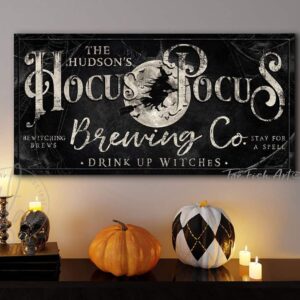 Personalized Hocus Pocus Brewing Co. Sign handmade by ToeFishArt. Original, custom, personalized wall decor signs. Canvas, Wood or Metal. Rustic modern farmhouse, cottagecore, vintage, retro, industrial, Americana, primitive, country, coastal, minimalist.