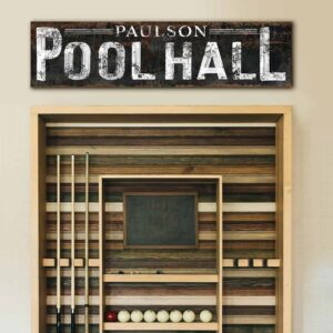 Personalized Pool Hall Sign Family Name handmade by ToeFishArt. Original, custom, personalized wall decor signs. Canvas, Wood or Metal. Rustic modern farmhouse, cottagecore, vintage, retro, industrial, Americana, primitive, country, coastal, minimalist.