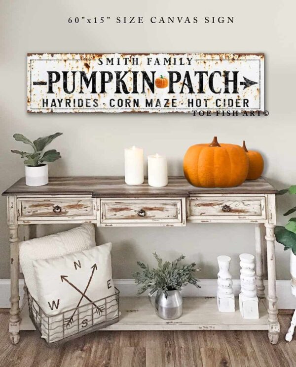 Personalized Pumpkin Patch Sign Family Name handmade by ToeFishArt. Original, custom, personalized wall decor signs. Canvas, Wood or Metal. Rustic modern farmhouse, cottagecore, vintage, retro, industrial, Americana, primitive, country, coastal, minimalist.