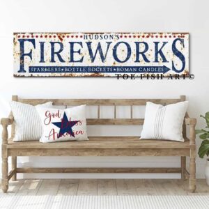 Personalized Rustic Fireworks stand Sign Family Name Open Daily handmade by ToeFishArt. Original, custom, personalized wall decor signs. Canvas, Wood or Metal. Rustic modern farmhouse, cottagecore, vintage, retro, industrial, Americana, primitive, country, coastal, minimalist.
