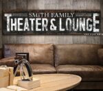 Personalized Theater & Lounge Sign Family Name handmade by ToeFishArt. Original, custom, personalized wall decor signs. Canvas, Wood or Metal. Rustic modern farmhouse, cottagecore, vintage, retro, industrial, Americana, primitive, country, coastal, minimalist.