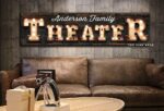 Personalized Theater "Marquee"-style Sign Family Name handmade by ToeFishArt. Original, custom, personalized wall decor signs. Canvas, Wood or Metal. Rustic modern farmhouse, cottagecore, vintage, retro, industrial, Americana, primitive, country, coastal, minimalist.