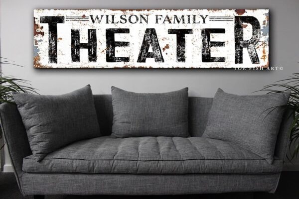 Personalized Theater Sign Family Name handmade by ToeFishArt. Original, custom, personalized wall decor signs. Canvas, Wood or Metal. Rustic modern farmhouse, cottagecore, vintage, retro, industrial, Americana, primitive, country, coastal, minimalist.