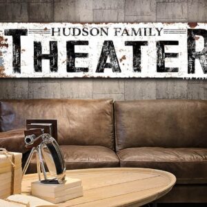 Personalized Theater Sign Family Name handmade by ToeFishArt. Original, custom, personalized wall decor signs. Canvas, Wood or Metal. Rustic modern farmhouse, cottagecore, vintage, retro, industrial, Americana, primitive, country, coastal, minimalist.