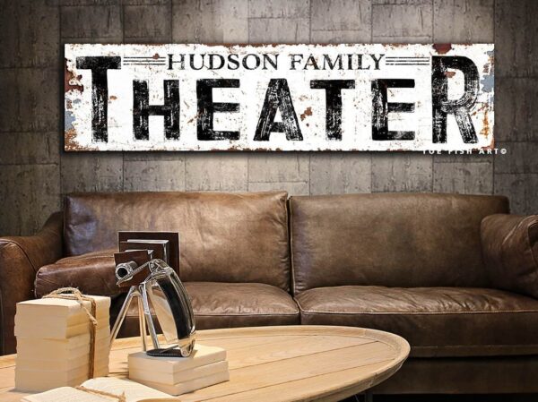 Personalized Theater Sign Family Name handmade by ToeFishArt. Original, custom, personalized wall decor signs. Canvas, Wood or Metal. Rustic modern farmhouse, cottagecore, vintage, retro, industrial, Americana, primitive, country, coastal, minimalist.