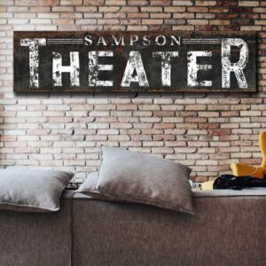 Personalized Theater Sign Family Name handmade by ToeFishArt. Original, custom, personalized wall decor signs. Canvas, Wood or Metal. Rustic modern farmhouse, cottagecore, vintage, retro, industrial, Americana, primitive, country, coastal, minimalist.
