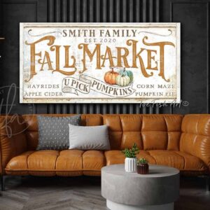 Personalized U Pick Pumpkins Fall Market Sign handmade by ToeFishArt. Original, custom, personalized wall decor signs. Canvas, Wood or Metal. Rustic modern farmhouse, cottagecore, vintage, retro, industrial, Americana, primitive, country, coastal, minimalist.