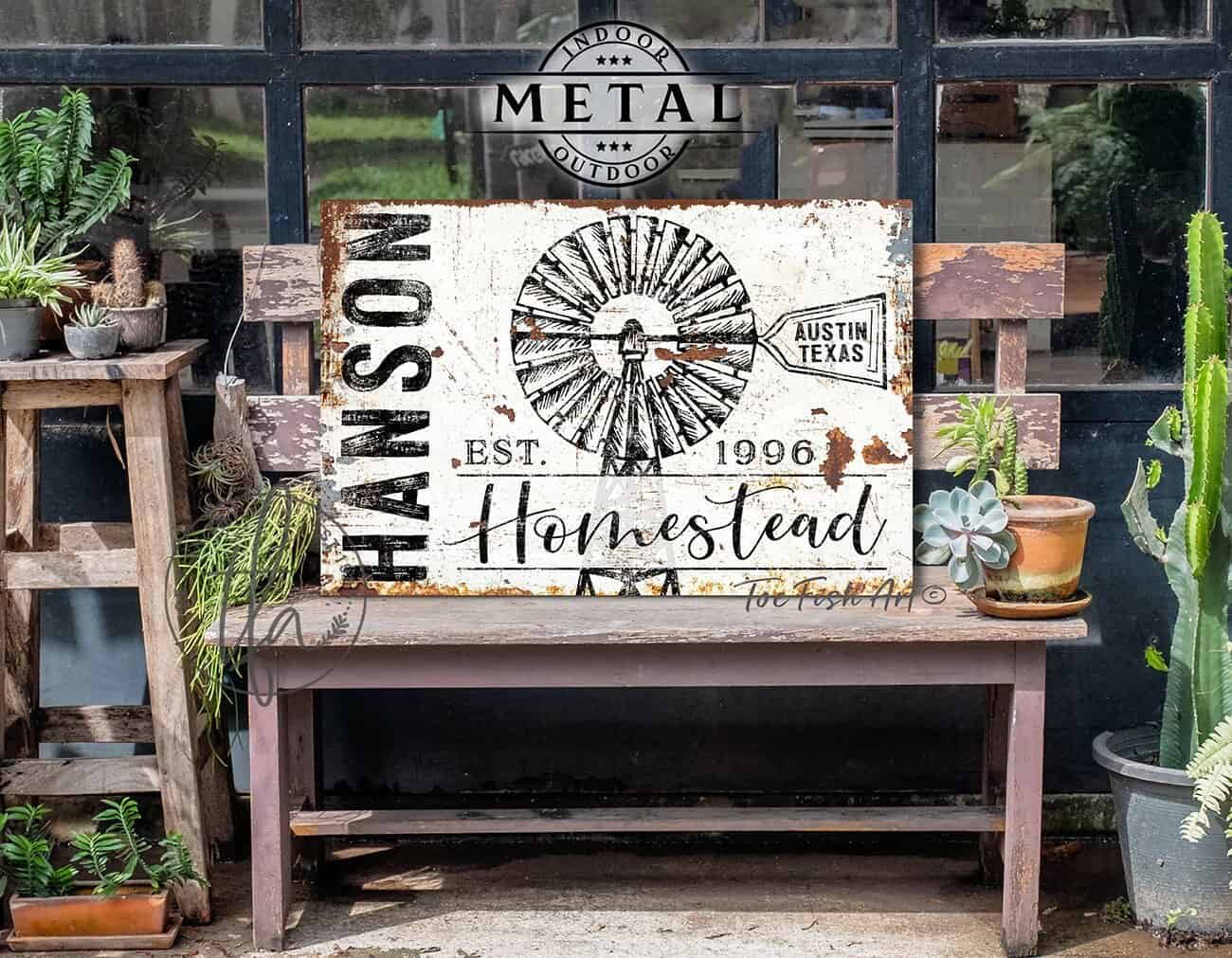 Personalized Vintage Homestead Sign handmade by ToeFishArt. Original, custom, personalized wall decor signs. Canvas, Wood or Metal. Rustic modern farmhouse, cottagecore, vintage, retro, industrial, Americana, primitive, country, coastal, minimalist.