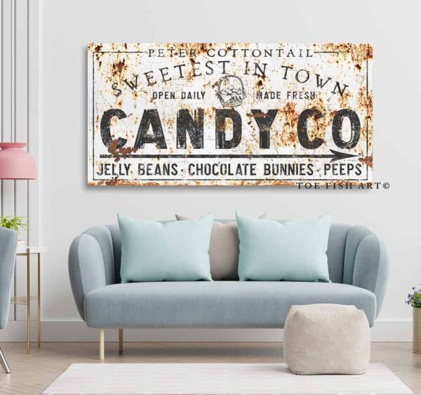 Peter Cottontail Candy Co. Sign handmade by ToeFishArt. Original, custom, personalized wall decor signs. Canvas, Wood or Metal. Rustic modern farmhouse, cottagecore, vintage, retro, industrial, Americana, primitive, country, coastal, minimalist.