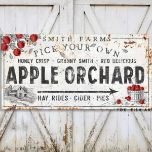 Pick Your Own Apple Orchard Sign handmade by ToeFishArt. Original, custom, personalized wall decor signs. Canvas, Wood or Metal. Rustic modern farmhouse, cottagecore, vintage, retro, industrial, Americana, primitive, country, coastal, minimalist.