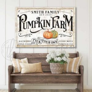 Pick Your Own Pumpkin Farm Personalized Sign handmade by ToeFishArt. Original, custom, personalized wall decor signs. Canvas, Wood or Metal. Rustic modern farmhouse, cottagecore, vintage, retro, industrial, Americana, primitive, country, coastal, minimalist.