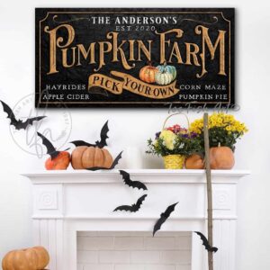 Pick Your Own Pumpkin Farm Sign handmade by ToeFishArt. Original, custom, personalized wall decor signs. Canvas, Wood or Metal. Rustic modern farmhouse, cottagecore, vintage, retro, industrial, Americana, primitive, country, coastal, minimalist.