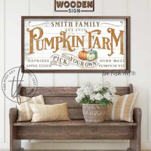 Pick Your Own Pumpkin Farm Sign handmade by ToeFishArt. Original, custom, personalized wall decor signs. Canvas, Wood or Metal. Rustic modern farmhouse, cottagecore, vintage, retro, industrial, Americana, primitive, country, coastal, minimalist.