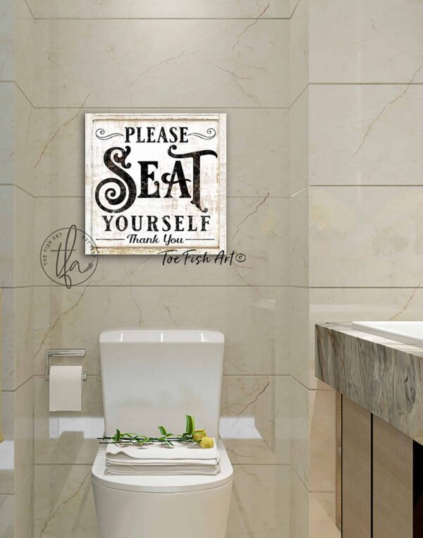 Please Seat Yourself Sign handmade by ToeFishArt. Original, custom, personalized wall decor signs. Canvas, Wood or Metal. Rustic modern farmhouse, cottagecore, vintage, retro, industrial, Americana, primitive, country, coastal, minimalist.