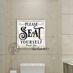 Please Seat Yourself Sign handmade by ToeFishArt. Original, custom, personalized wall decor signs. Canvas, Wood or Metal. Rustic modern farmhouse, cottagecore, vintage, retro, industrial, Americana, primitive, country, coastal, minimalist.