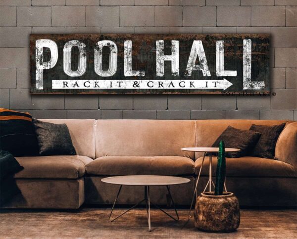 Pool Hall Sign Rack & Crack handmade by ToeFishArt. Original, custom, personalized wall decor signs. Canvas, Wood or Metal. Rustic modern farmhouse, cottagecore, vintage, retro, industrial, Americana, primitive, country, coastal, minimalist.