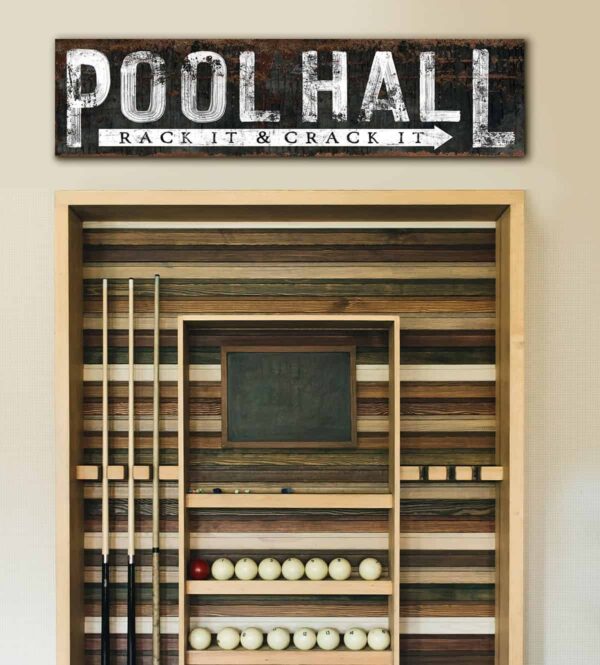 Pool Hall Sign Rack & Crack handmade by ToeFishArt. Original, custom, personalized wall decor signs. Canvas, Wood or Metal. Rustic modern farmhouse, cottagecore, vintage, retro, industrial, Americana, primitive, country, coastal, minimalist.