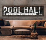 Pool Hall Sign Rack & Crack handmade by ToeFishArt. Original, custom, personalized wall decor signs. Canvas, Wood or Metal. Rustic modern farmhouse, cottagecore, vintage, retro, industrial, Americana, primitive, country, coastal, minimalist.