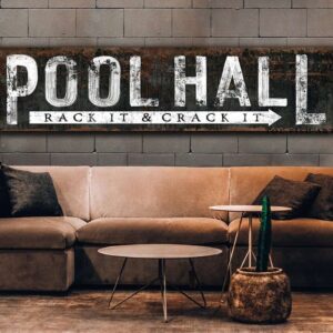 Pool Hall Sign Rack & Crack handmade by ToeFishArt. Original, custom, personalized wall decor signs. Canvas, Wood or Metal. Rustic modern farmhouse, cottagecore, vintage, retro, industrial, Americana, primitive, country, coastal, minimalist.