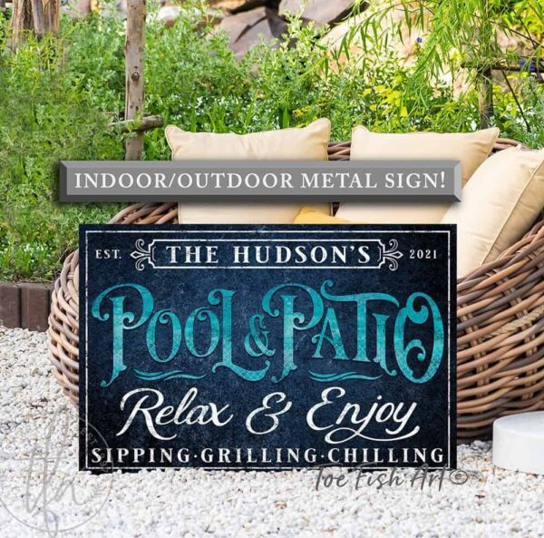 Pool & Patio Personalized Sign handmade by ToeFishArt. Original, custom, personalized wall decor signs. Canvas, Wood or Metal. Rustic modern farmhouse, cottagecore, vintage, retro, industrial, Americana, primitive, country, coastal, minimalist.