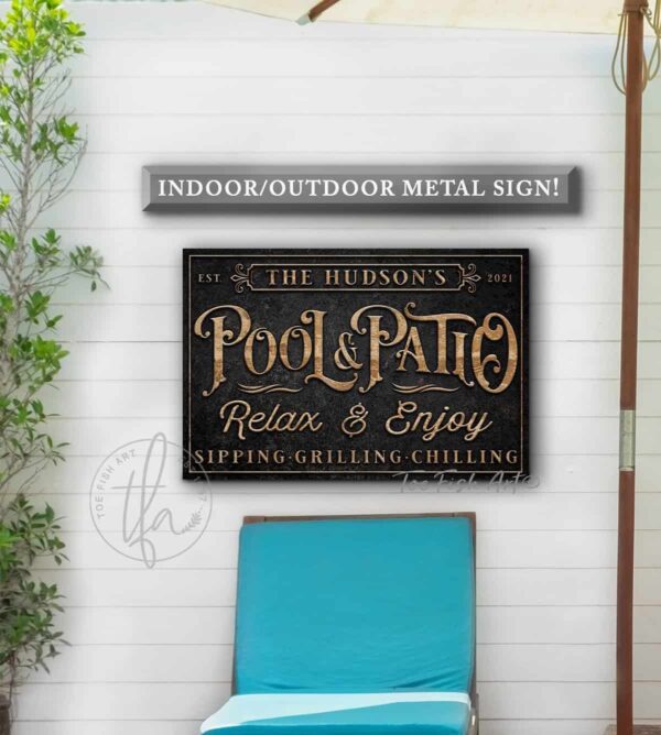 Pool & Patio Personalized Sign handmade by ToeFishArt. Original, custom, personalized wall decor signs. Canvas, Wood or Metal. Rustic modern farmhouse, cottagecore, vintage, retro, industrial, Americana, primitive, country, coastal, minimalist.