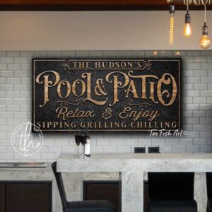 Pool & Patio Sign handmade by ToeFishArt. Original, custom, personalized wall decor signs. Canvas, Wood or Metal. Rustic modern farmhouse, cottagecore, vintage, retro, industrial, Americana, primitive, country, coastal, minimalist.