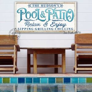 Pool & Patio Sign handmade by ToeFishArt. Original, custom, personalized wall decor signs. Canvas, Wood or Metal. Rustic modern farmhouse, cottagecore, vintage, retro, industrial, Americana, primitive, country, coastal, minimalist.