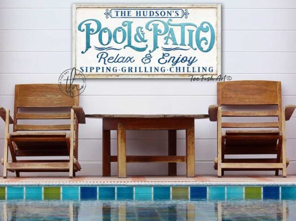 Pool & Patio Sign handmade by ToeFishArt. Original, custom, personalized wall decor signs. Canvas, Wood or Metal. Rustic modern farmhouse, cottagecore, vintage, retro, industrial, Americana, primitive, country, coastal, minimalist.