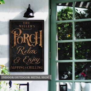 Porch Sign handmade by ToeFishArt. Original, custom, personalized wall decor signs. Canvas, Wood or Metal. Rustic modern farmhouse, cottagecore, vintage, retro, industrial, Americana, primitive, country, coastal, minimalist.