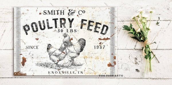 Poultry Feed Sign handmade by ToeFishArt. Original, custom, personalized wall decor signs. Canvas, Wood or Metal. Rustic modern farmhouse, cottagecore, vintage, retro, industrial, Americana, primitive, country, coastal, minimalist.