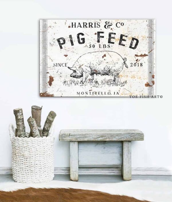 Poultry Feed Sign handmade by ToeFishArt. Original, custom, personalized wall decor signs. Canvas, Wood or Metal. Rustic modern farmhouse, cottagecore, vintage, retro, industrial, Americana, primitive, country, coastal, minimalist.