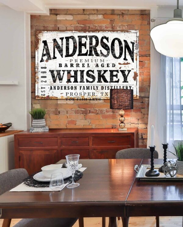 Premium Barrel Aged Whiskey Sign handmade by ToeFishArt. Original, custom, personalized wall decor signs. Canvas, Wood or Metal. Rustic modern farmhouse, cottagecore, vintage, retro, industrial, Americana, primitive, country, coastal, minimalist.