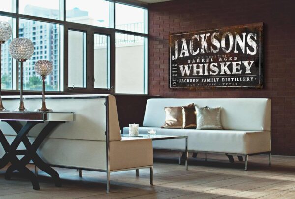 Premium Barrel Aged Whiskey Sign handmade by ToeFishArt. Original, custom, personalized wall decor signs. Canvas, Wood or Metal. Rustic modern farmhouse, cottagecore, vintage, retro, industrial, Americana, primitive, country, coastal, minimalist.