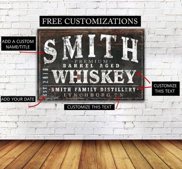 Premium Barrel Aged Whiskey Sign handmade by ToeFishArt. Original, custom, personalized wall decor signs. Canvas, Wood or Metal. Rustic modern farmhouse, cottagecore, vintage, retro, industrial, Americana, primitive, country, coastal, minimalist.