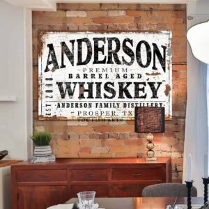 Premium Barrel Aged Whiskey Sign handmade by ToeFishArt. Original, custom, personalized wall decor signs. Canvas, Wood or Metal. Rustic modern farmhouse, cottagecore, vintage, retro, industrial, Americana, primitive, country, coastal, minimalist.