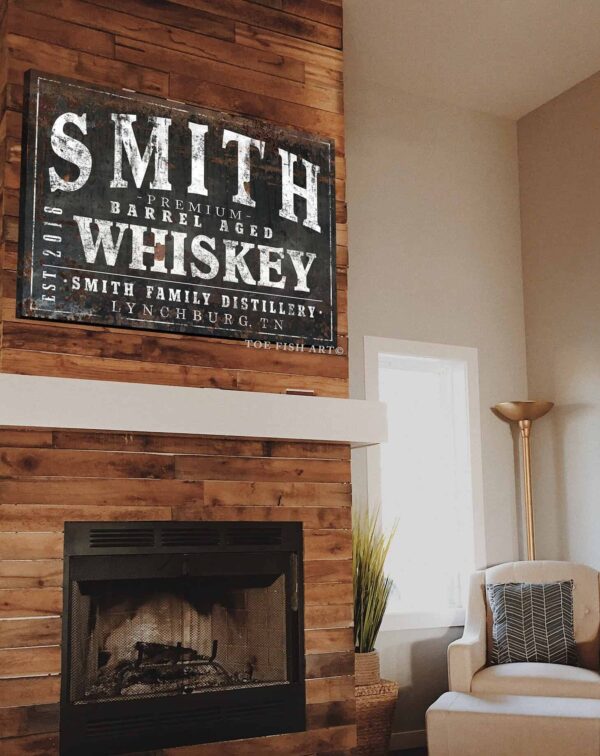 Premium Barrel Aged Whiskey Sign handmade by ToeFishArt. Original, custom, personalized wall decor signs. Canvas, Wood or Metal. Rustic modern farmhouse, cottagecore, vintage, retro, industrial, Americana, primitive, country, coastal, minimalist.