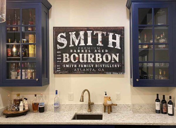 Premium Barrel Aged Whiskey Sign handmade by ToeFishArt. Original, custom, personalized wall decor signs. Canvas, Wood or Metal. Rustic modern farmhouse, cottagecore, vintage, retro, industrial, Americana, primitive, country, coastal, minimalist.