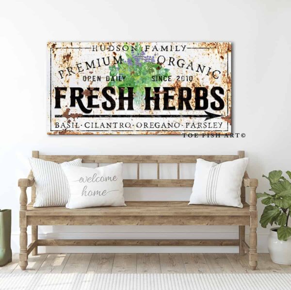 Premium Organic Fresh Herbs Sign handmade by ToeFishArt. Original, custom, personalized wall decor signs. Canvas, Wood or Metal. Rustic modern farmhouse, cottagecore, vintage, retro, industrial, Americana, primitive, country, coastal, minimalist.