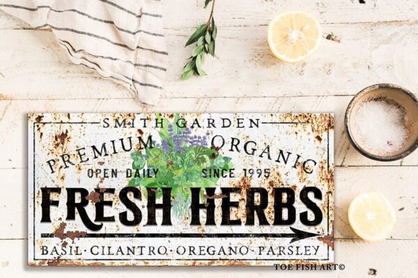 Premium Organic Fresh Herbs Sign handmade by ToeFishArt. Original, custom, personalized wall decor signs. Canvas, Wood or Metal. Rustic modern farmhouse, cottagecore, vintage, retro, industrial, Americana, primitive, country, coastal, minimalist.