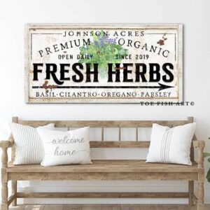 Premium Organic Fresh Herbs Sign handmade by ToeFishArt. Original, custom, personalized wall decor signs. Canvas, Wood or Metal. Rustic modern farmhouse, cottagecore, vintage, retro, industrial, Americana, primitive, country, coastal, minimalist.